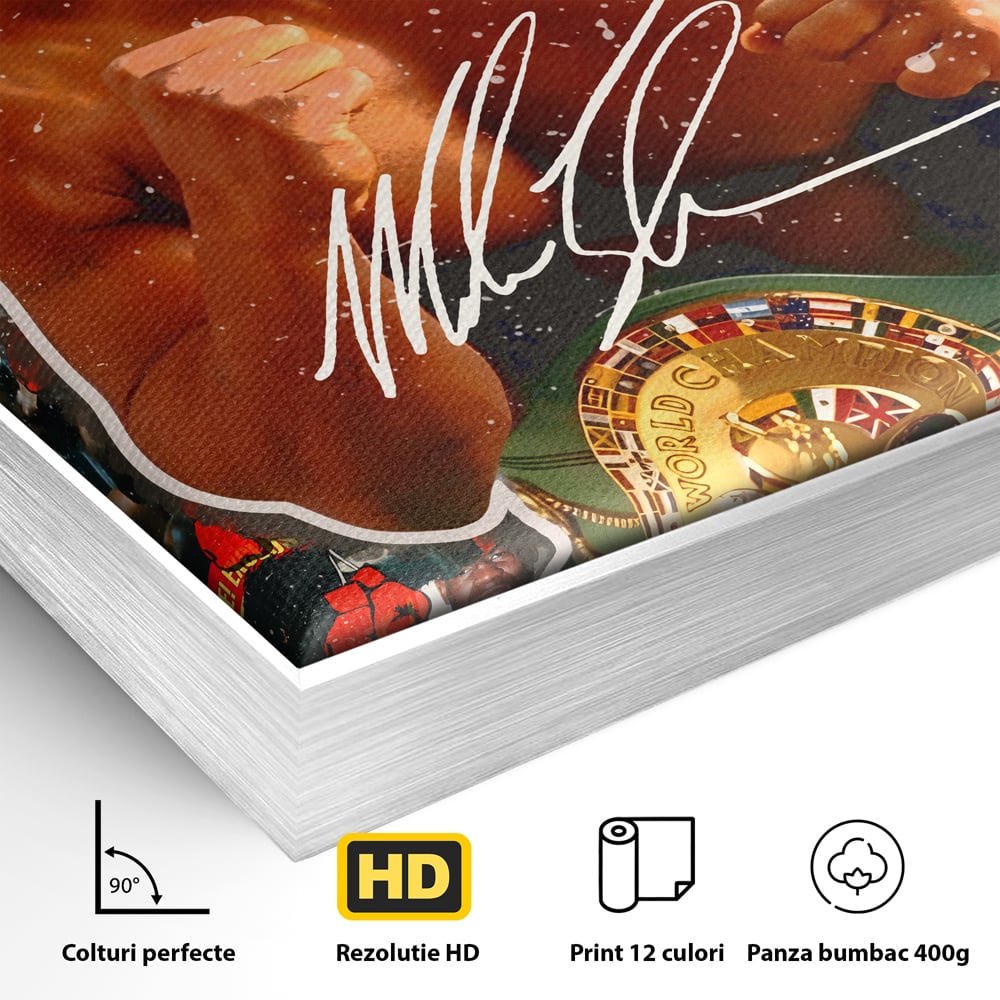 Detaliu al suprafetei: tablou canvas cu boxerul mike tyson, in rama de aluminiu argintiu